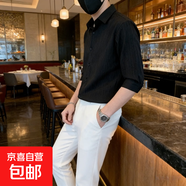 痞帥條紋襯衫男短袖夏季韓版潮流修身褶皺純色休閑七分袖襯衣外套 DY-C03 黑色 M