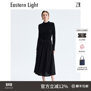 乙來(lái)（EASTERN LIGHT）【100%德國揚子紗羊毛】新款秋冬顯瘦氣質(zhì)過(guò)膝長(cháng)袖連衣裙女裝 優(yōu)雅黑 S