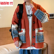 駱森馳（LUOSENCHI）新年戰(zhàn)袍針織外套男春秋男士開衫毛衣冬季拼色慵懶寬松針織衫線衣 桔紅色. XL