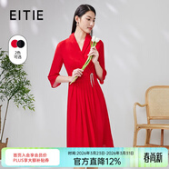 愛(ài)特愛(ài)（EITIE）氣質(zhì)翻領(lǐng)七分袖雪紡連衣裙高腰通勤優(yōu)雅夏新款女裝7007764 紅蔓61 L 165