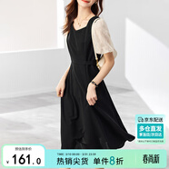 尚都比拉法式連衣裙夏季中長(cháng)款a字裙泡泡袖系帶收腰顯瘦裙子 黑色 XL 