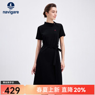 Navigare意大利小帆船短袖連衣裙女士夏季棉質(zhì)斜領(lǐng)裙子時(shí)尚顯瘦半袖a字裙 暗夜黑 S 碼