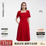 朗姿【Basic衣櫥】朗姿25法式復古氣質(zhì)方領(lǐng)連衣裙小黑裙女夏新款長(cháng)裙 大紅色升級版 S