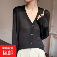 夏季超薄微透天絲針織開(kāi)衫女寬松V領(lǐng)防曬衫純色顯瘦長(cháng)袖XZ-A69 黑色 XL 125-150斤