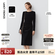 朗姿法式復古絲絨長(cháng)袖連衣裙女冬季新款氣質(zhì)顯瘦小黑裙長(cháng)裙 黑色 2XL