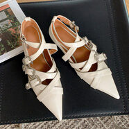 彤棠歐洲站歐美尖頭平底單鞋女2026新款春季真皮淺口小眾設計感瓢鞋 米白色 34