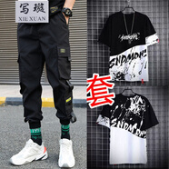 寫璇男款短袖短褲夏天套裝男生韓版全套衣服男土一套男潮流搭配工裝褲 A23工裝褲+潑墨短袖上黑下白 L