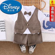 迪士尼（Disney）男童新款夏季夏裝寶寶兒童短袖馬甲洋氣兩件套西裝禮服套裝帥氣 白色 假兩件大格子西裝 80