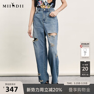 謎底破洞牛仔褲女夏新品復古BF風(fēng)親膚透氣直筒褲242MK0614 中藍 2XL