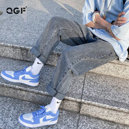 QGF牛仔褲女韓版直筒拖地春秋寬松闊腿褲子學(xué)生夏季百搭薄款九分長(cháng)褲 煙灰 M