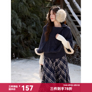 謎秀深藍色蝙蝠袖復古新年毛衣2026秋冬禮遇季立體絞花毛絨袖口女裝 深藍色  毛衣 M