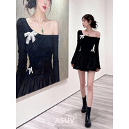 SZEL法式赫本風(fēng)露肩針織連衣裙子女早春季千金感穿搭內搭打底花苞短裙 黑色連衣裙【超好看冬裝連衣裙_初冬獨特超好看裙子_ S