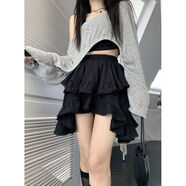 萱眸小清新拼接蕾絲白色半身裙短裙女春季新款高腰不規則蛋糕短裙 黑色 M