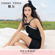 糖力【商場(chǎng)同款】掛脖小黑裙輕禮服女珍珠亮片點(diǎn)綴無(wú)袖露肩連衣裙 黑色 M