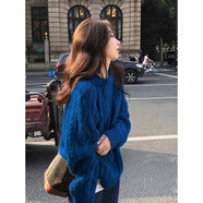 珍妮羊克萊因藍麻花毛衣女秋冬加厚慵懶風(fēng)寬松針織衫 藍色商城品質(zhì)歐美風(fēng)/美式辣妹穿搭/小眾獨特別致/設計 M