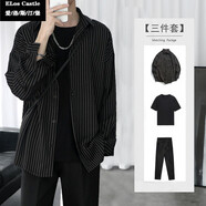 愛(ài)洛斯汀堡條紋襯衫外套男港風(fēng)休閑寬松潮流一套搭配男生長(cháng)袖襯衣套裝夏裝 黑色三件裝 S