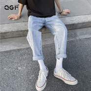 QGF牛仔褲女韓版直筒拖地春秋寬松闊腿褲子學(xué)生夏季百搭薄款九分長(cháng)褲 淺藍 XL