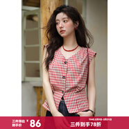 謎秀復古紅色格子襯衫女2026夏季新款收腰顯瘦設計感上衣女v領(lǐng)襯衣短 紅格 上衣 M