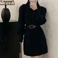 啄木鳥(niǎo)羊毛針織連衣裙女加大碼胖mm300斤中長(cháng)款加厚毛衣裙秋冬新款寬松 黑色【腰帶】 4XL 建議160-175斤