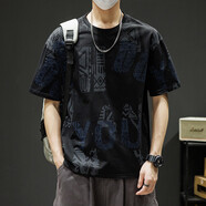 佐丹奴新款夏季男潮流寬松服潮牌學(xué)生短袖T恤上衣五分圓領(lǐng)印花半袖T恤 黑色 7XL