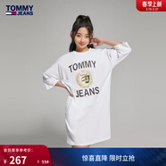 TOMMY JEANS夏季女裝學(xué)院純棉復古美式徽章印花平紋圓領(lǐng)寬松連衣裙15568 白色YBR XS （推薦：80-95斤）