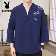 花花公子（PLAYBOY）棉麻九分袖薄款T恤襯衫男中國風(fēng)夏季復古寬松刺繡唐裝漢服V領(lǐng)上衣 藏青色 L