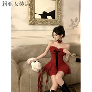 女神木耳邊抹胸修身顯瘦雪紡連衣裙款胸墊 酒紅色 S