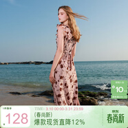 三彩2025夏季新款U領(lǐng)浪漫碎花雪紡裙印花大擺連衣裙長(cháng)裙M