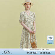 范思藍恩23FS12521茶歇法式雪紡碎花連衣裙女夏V領(lǐng)海邊度假長(cháng)裙子 米底黃花 M