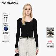 ANN ANDELMAN巨好看的早秋上衣黑白條紋下擺薄款毛衣女針織開(kāi)衫 黑色 S