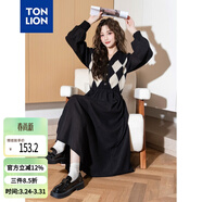 唐獅（TonLion）2024黑色v領(lǐng)拼接格紋連衣裙女復古針織格子裙氣質(zhì)長(cháng)裙 黑色 M 