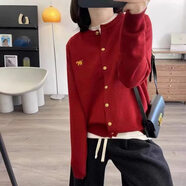 小紅書(shū)同款純羊毛開(kāi)衫女士短馬駒圓領(lǐng)毛衣夾克寬松的韓國風(fēng)格 紅色 L