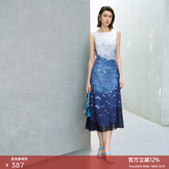 顏域撞色拼接夏季連衣裙女2025新款高級感獨特設計感過(guò)膝氣質(zhì)長(cháng)裙 藍花 XL