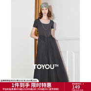 初語(yǔ)撞色假兩件拼接U領(lǐng)短袖連衣裙女2025夏季新款收腰中長(cháng)款裙子 深碳灰 M