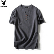 花花公子（PLAYBOY）夏季大尺碼亞麻短袖t恤男薄款寬松加肥加大胖子棉麻T(mén)恤透氣肥佬上 藍灰色 M (建議110-125斤)