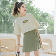 蕭遇（XIAOYU）2026年春天夏季新款女士?jì)杉籽b短連衣裙小個(gè)子穿搭時(shí)尚氣質(zhì)衣服 杏T+綠裙 M (建議108-118斤)