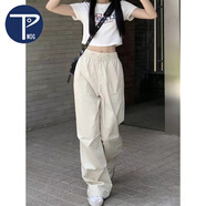 PMOG美式闊腿褲長(zhǎng)褲歐美街頭辣妹工裝褲女秋垂高腰直筒休閑拖地褲子 杏色 L