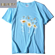 夏典素訂女王（SE.PSTP）跨境蝴蝶菊花印花休閑T恤新款夏季短袖女2026歐美上衣女圓領(lǐng) 天藍色 3XL