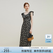 范思藍恩23FS12695韓系荷葉邊減齡連衣裙女夏季新款吊帶裙子 黑底碎花 M