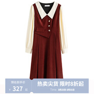 獨束大碼女裝假兩件撞色襯衫領(lǐng)連衣裙女秋冬微胖mm文藝復古穿搭裙子 勃艮第紅【適合160左右】 M