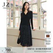 玖姿·安娜蔻【蕾絲映夢(mèng)】假兩件拼接壓褶毛衫連衣裙女春款 素黑 XS