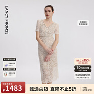 朗姿25設計感氣質(zhì)修身蕾絲刺繡收腰女裙春秋新款重工禮服連衣裙女 米白色 XL