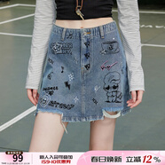 UNIFREE重工燙鉆牛仔半身裙女破洞毛邊不規則短裙 藍色 S
