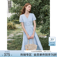 范思藍恩V領(lǐng)減齡純色全棉刺繡a字連衣裙女夏季2025新款裙子2233 藍色 XL