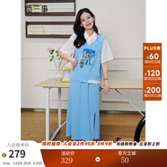 兩三事異夢(mèng)空間 2025夏季新款小清新拼色印花上衣半身裙兩件套女 藍色-y S