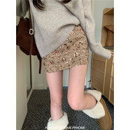 PPHOME自制閃閃新年裙 高腰A字毛呢短裙精致小香粗呢半身短裙女 金色短裙 S