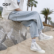 QGF牛仔褲女韓版直筒拖地春秋寬松闊腿褲子學(xué)生夏季百搭薄款九分長(cháng)褲 藍白 XL