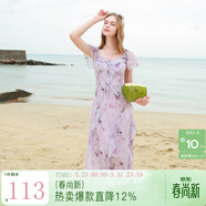 三彩2025夏季新款木耳邊荷葉袖蝴蝶印花雪紡連衣裙大擺長(cháng)裙M 淡紫色花卉 XL 170/92A