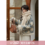 謎秀格子毛呢外套女2026冬季新款韓版復古拼接仿羊羔毛呢子大衣 復古藍格厚款 M