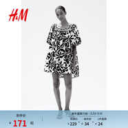 H&M女裝連衣裙春季燈籠袖裙衫式寬松a字版型連身裙1289425 白色/黑色花卉 XL 175/116